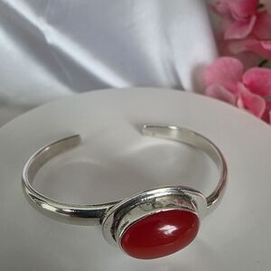 Vintage Sterling Silver 925 Red Mexico Cats Eye Cuff Bracelet